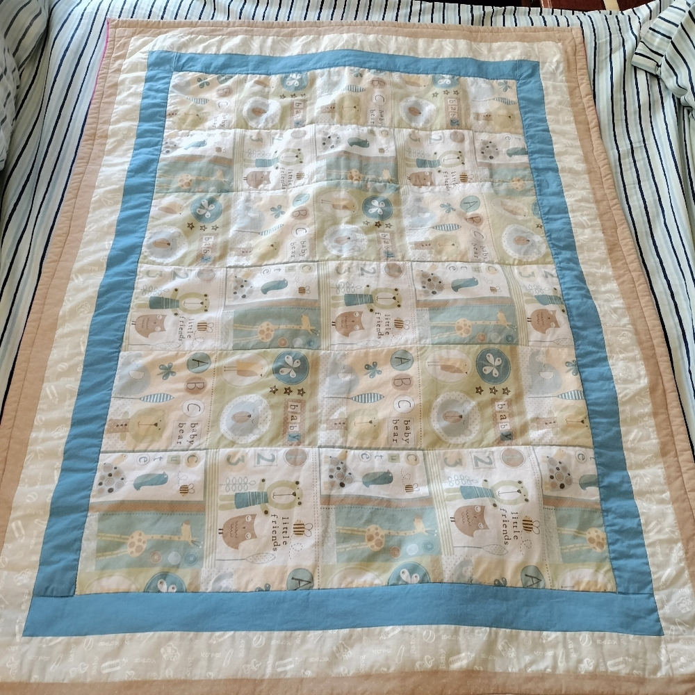 Reversible Unisex Cute Baby Bear Blue Tan Crib Quilt Pink Lime Green
